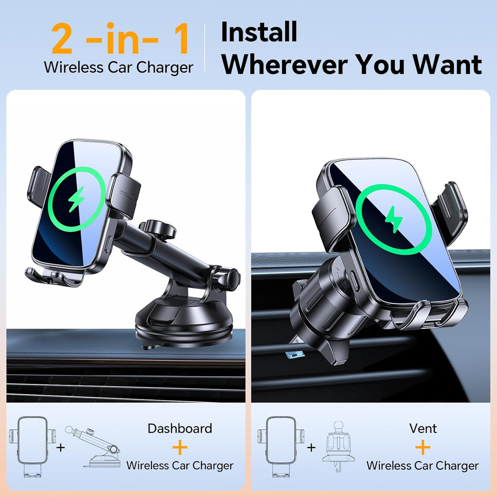 Wireless Car Charger Mount, Wireless Phone Charger for Car Auto Clamping Car Phone Holder Charger【 Wind + Vent + Dash 】Car Wireless Charger for Car for iPhone 16 15 14, Galaxy S24 S23 S22 etc